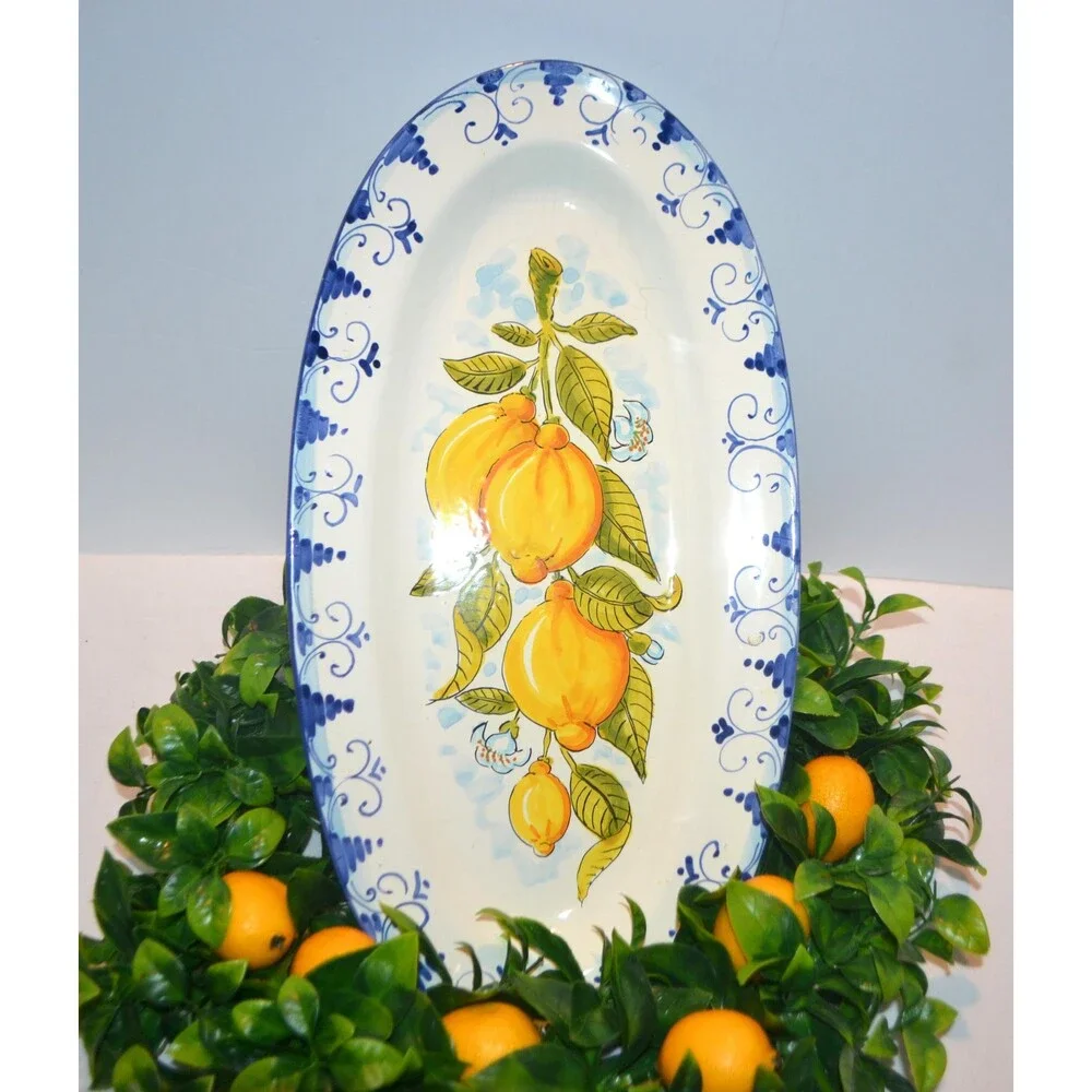 Vintage Lemons & Royal Hand Painted Italian Dipinto A Mano Wall or Tabletop
